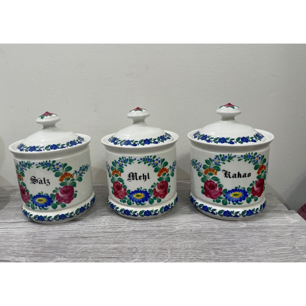 Kurt Hammer Vintage German Floral Ceramic Canister Set of 3 Salz Mehl Kakao